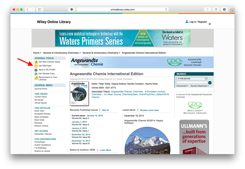 Screenshot of Angew. Chemie. website with RSS feed link indicated.
