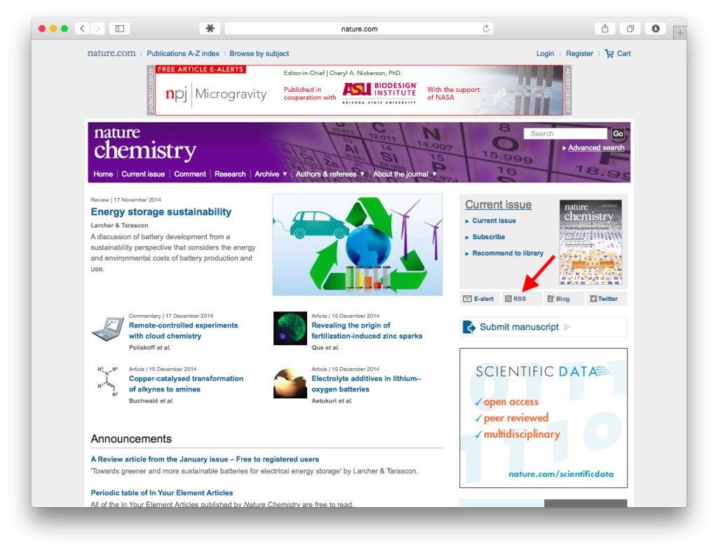 Screenshot of Nature Chemistry website (home page), with link to RSS feeds page indicated.