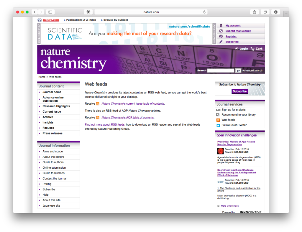 Screen shote of Nature Chemistry RSS feeds page.
