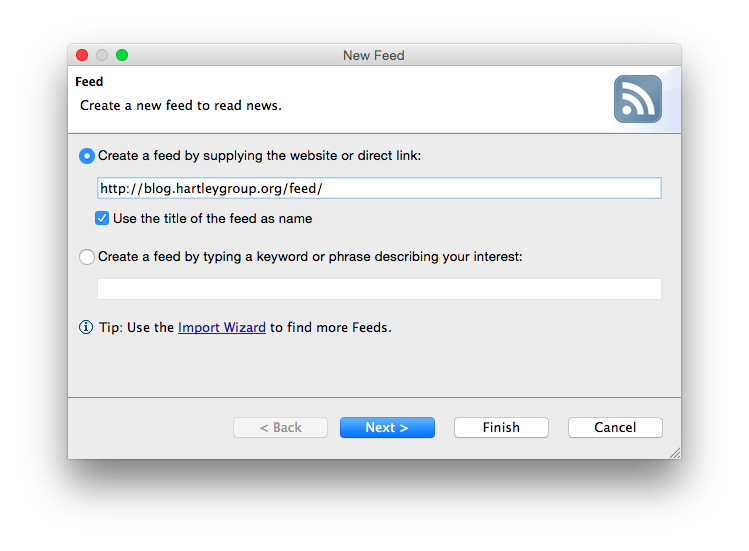 Screenshot of the wizard to add new RSS feeds in RSSOwl.